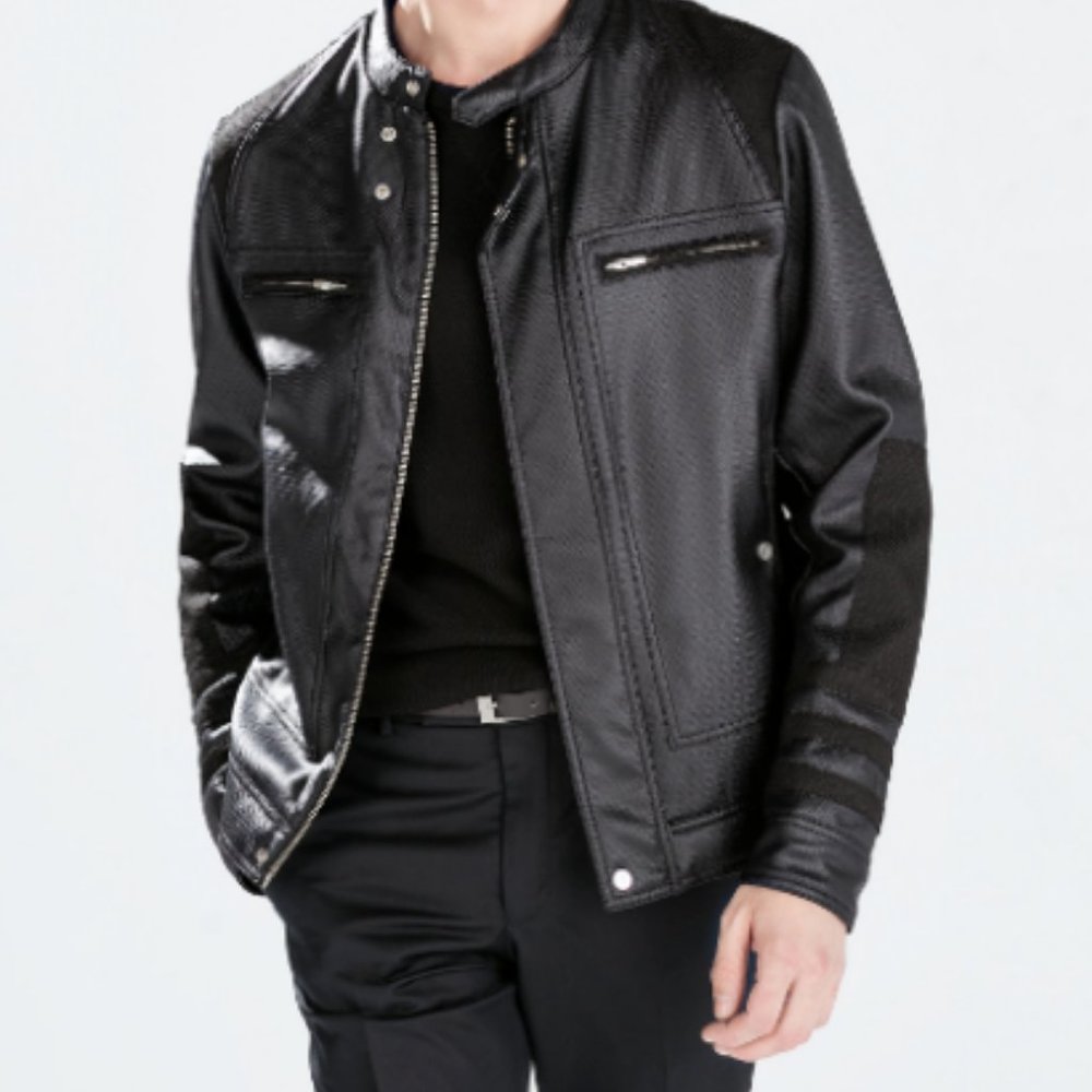 Black Faux Leather Bike Jacket for Men XXL